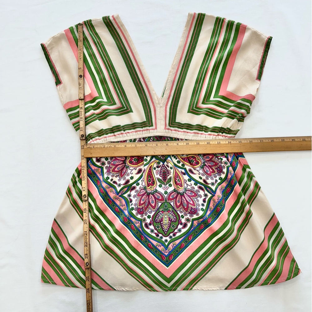 Flying Tomato Boho V Neck Cream/Green/Pink Floral Flowy Top Blouse Size Large - Picture 5 of 8